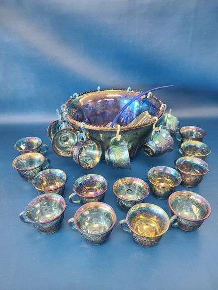 Indiana Glass Harvest Grape Carnival Glass Punch Bowl Set