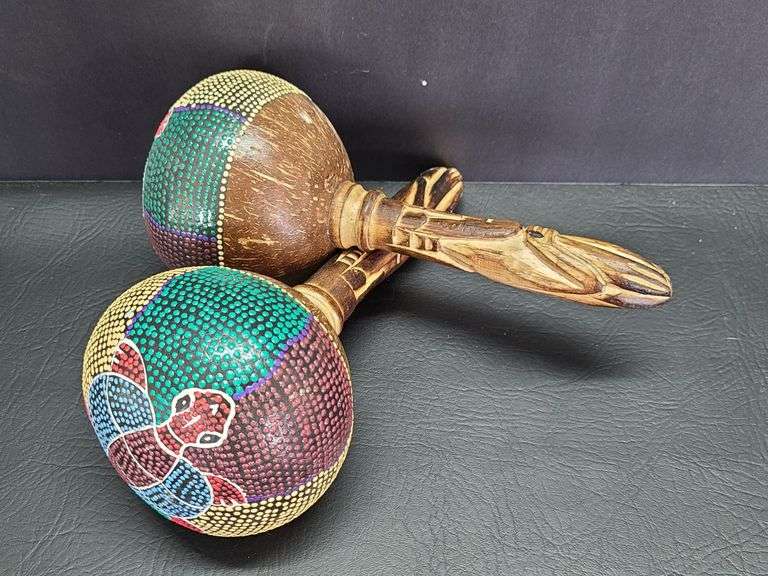 Hand Painted Coconut Maracas with Carved Wooden Handles