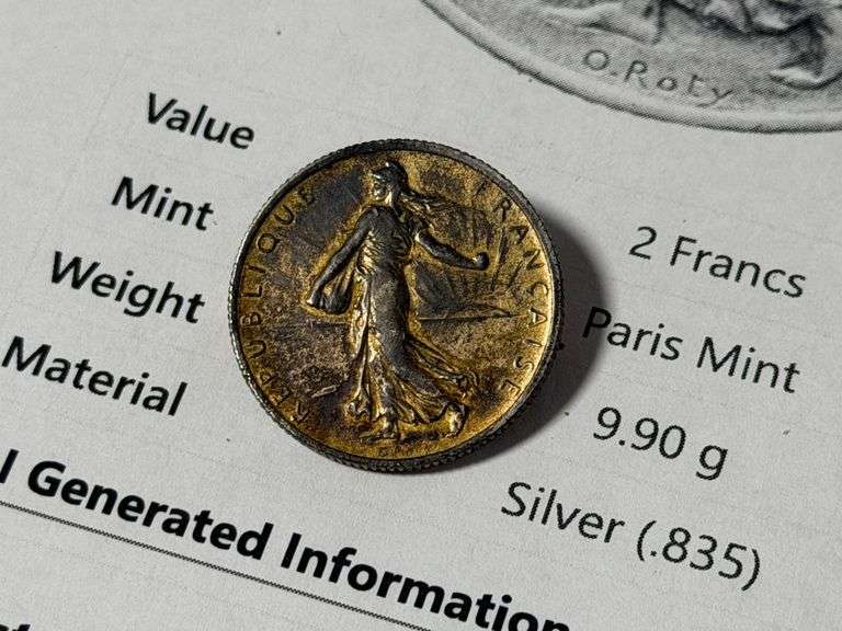 Paris .83% Silver 1916 2 Francs Pin / Coin