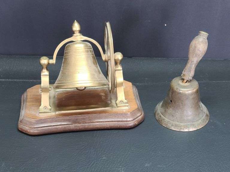 Vintage Brass Desktop Ship's Bell on Wood Base, Vintage Brass Hand Held Bell