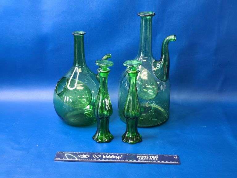 2) Green Glass Wine Decanters with Built-In Ice Chamber, 2) Avon Emerald Bud Vase