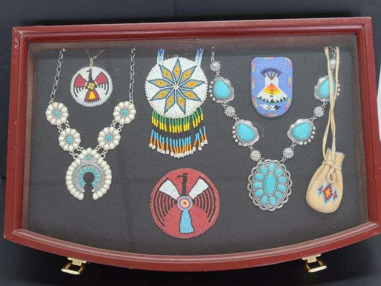 2) Native American Beaded Necklaces, 2) Beaded Artwork, Beaded Leather Pouch, 2) Squash Blossom Neck