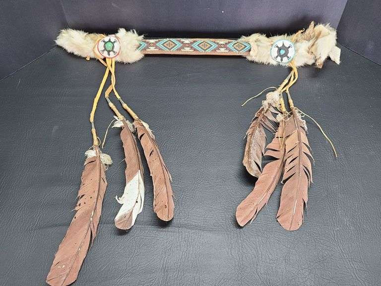 Native American Beaded Council Tool with Feathers