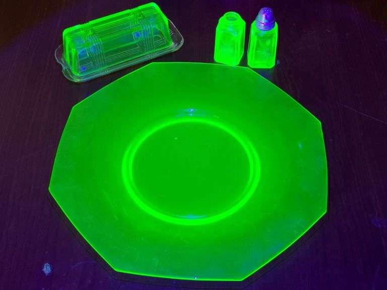 Uranium Serving Plate, Salt and Pepper Shakers, Butter Dish