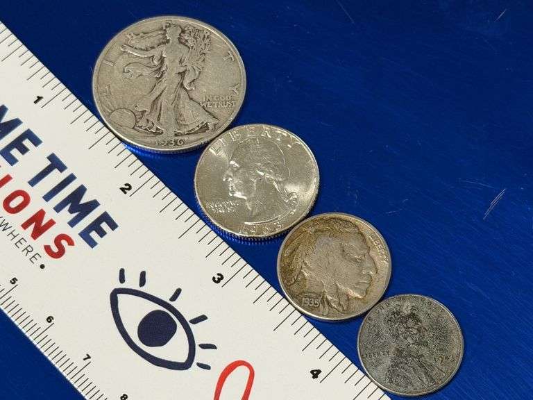 1936 Liberty Half, 1963 Washington Quarter, 1935 Buffalo Nickel, 1943 War Penny
