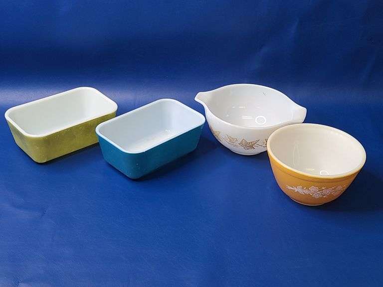 Pyrex Kitchenware (Vintage): 2) Loaf Pans, Butterfly Gold Pattern Mixing Bowl, Sandalwood Pattern Mixing Bowl