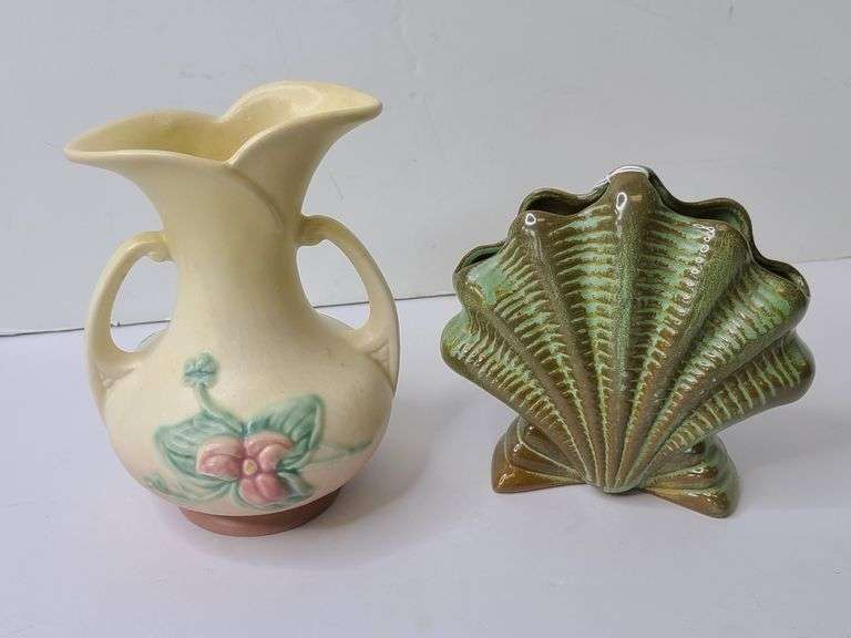 1940s Hull Art Pottery "Wildflower" Pattern Vase, 1950s Frankoma Pottery Clam Shell Vase