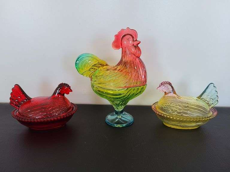 3) Glass Lidded Chicken / Rooster Dishes