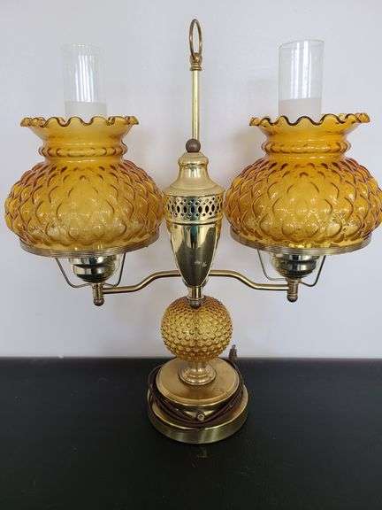 Vintage Double Arm Electric Hurricane Lamp with Amber Glass Shades