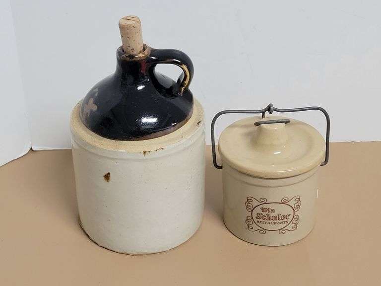Two Toned Stoneware Whiskey / Moonshine Jug with Cork, Win Schuler Restaurants Crock
