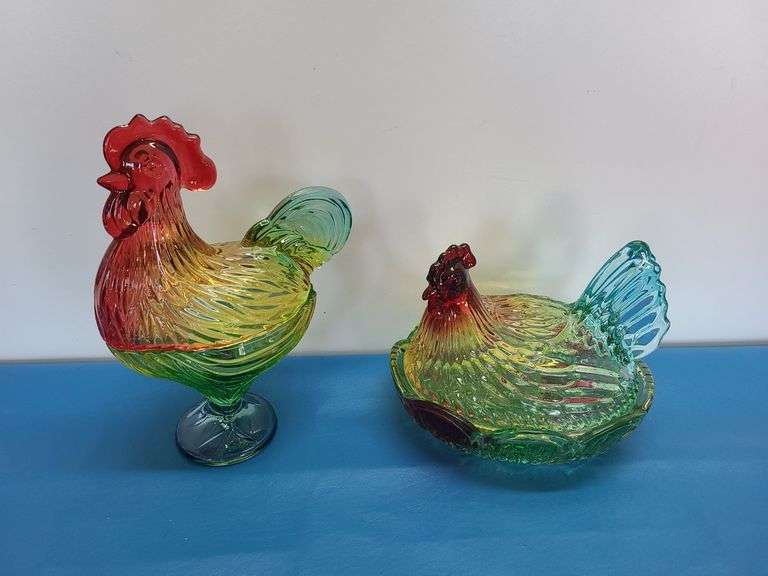 Colored Glass Rooster and Nesting Chicken Lidded Candy Dishes