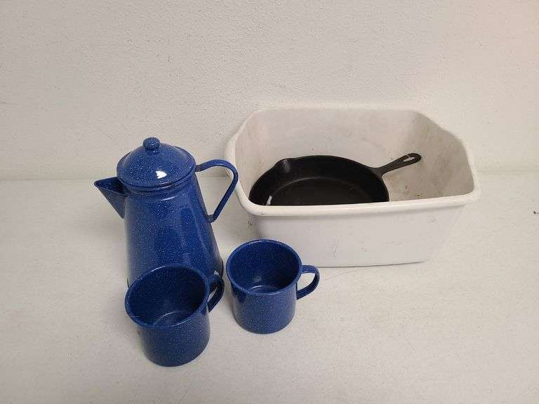 Cast Iron Frying Pan, Blue and White Speckled Enameled Coffee Pot with 2) Matching Cups, Dish Pan