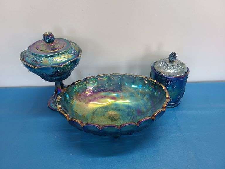 Indiana Glass Carnival Glass Harvest Blue Pattern Footed Fruit Bowl, Lidded Pedestal Compote, Lidded