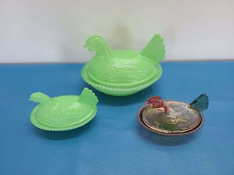 3) Colored Glass Lidded Nesting Chicken Candy Dishes