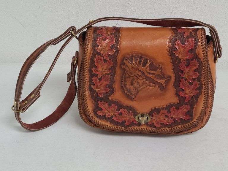 Handmade Leather Purse with Oak Leaf and Elk Pattern