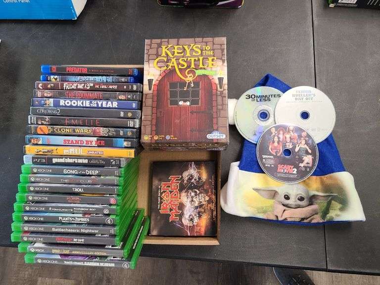 XBox One, PS3 Games, DVD Movies, Keys to the Castle, Iron Maiden CDs, Mandalorian Hat