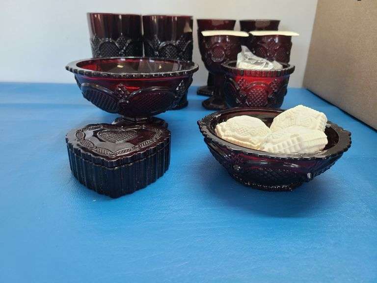 1876 Avon Ruby Red Cape Cod Footed Compote, Candy Dish, Dessert Bowl, Heart Trinket Box, Candlette H