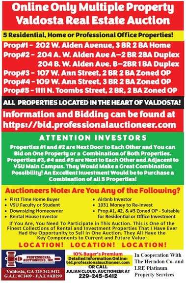 Multiple Property Real Estate Auction - 5 Residential Properties in the Heart of Valdosta, GA