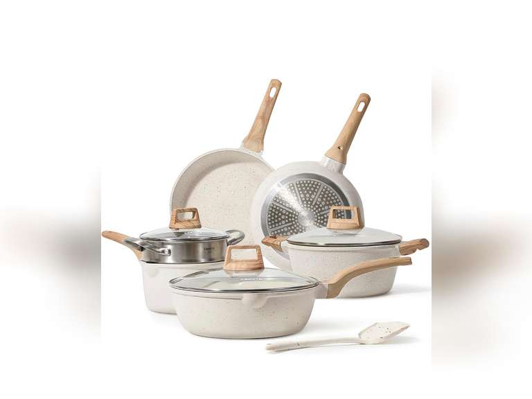 CAROTE Pots and Pans Set Nonstick, White Granite Induction Kitchen Cookware Sets, 10 Pcs Non