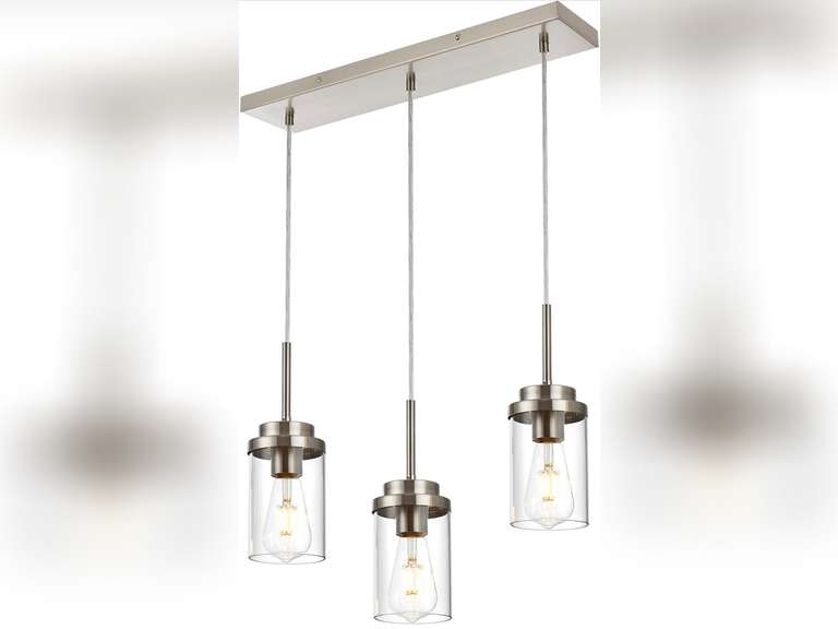 MELUCEE Kitchen Pendant Lighting Over Island 3 Lights Linear Chandelier Brushed Nickel Finish Dining Room Light Fixtures Ceiling Hanging Lamp with Clear Glass Shade, 23.6 Inches Length 130