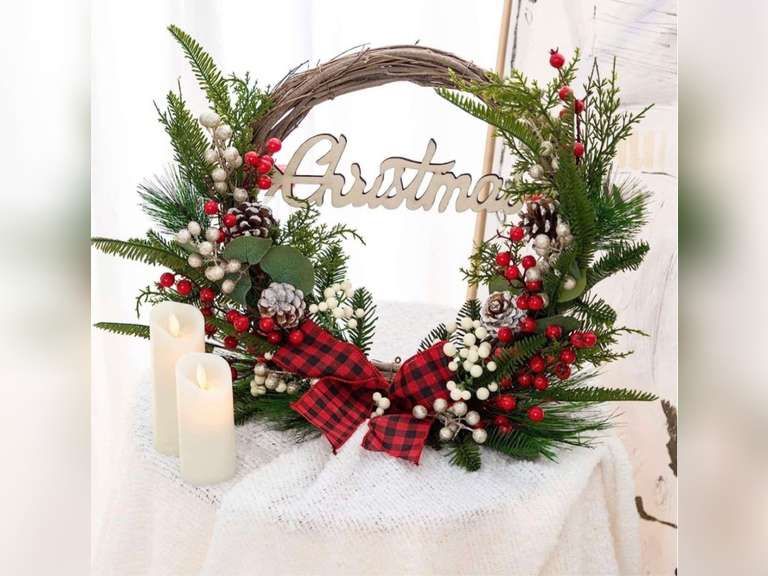 OMERAI Christmas Wreath 26’’ for Front Door with Vintage Plaid Bow-Knot Pine Cones Red Berries Artificial Christmas Wreath for Home Outdoor Indoor Winter Xmas Wall Hanging Christmas Trees Ornaments 29.99