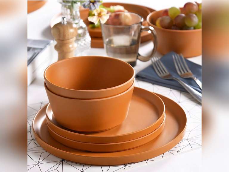 Melamine Dinnerware Set, 12pcs Dinnerware Sets, Dish Set For 4 Plates and Bowls Sets Duarable Dishwasher Safe BPA Free (Pumpkin Red) 47