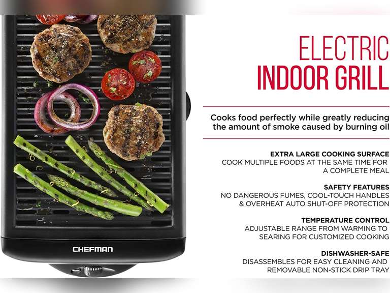 Chefman Electric Smokeless Indoor Grill w/Non-Stick Cooking Surface & Adjustable Temperature Knob from Warm to Sear for Customized BBQing, Dishwasher Safe Removable Water Tray, Black 34.96