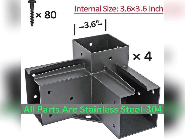 Antsky Stainless Steel 3-Way Right Angle Corner Pergola Bracket with Screws for 4x4 Inch(Actual: 3.5x3.5 Inch) Wood Beams，Pergola/Gazebo Kit (4 Pack) 4x4inch(Actual: 3.5x3.5inch) 149.5