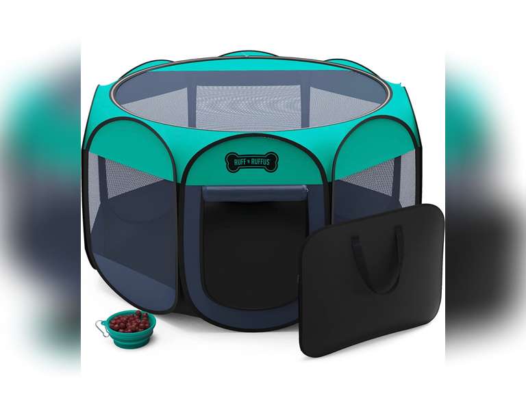 Ruff 'N Ruffus Portable Foldable Pet Playpen + Carrying Case + Travel Bowl | Available in 3 Sizes Indoor/Outdoor Water-Resistant Removable Shade Cover 46
