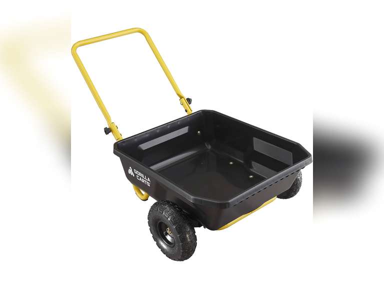 Gorilla Carts GCR-4 Poly Dump Cart, 2-Wheel Garden Wagon with Foldable Handle, 4 cu ft, 300 lb. Capacity, Black/Yellow 99