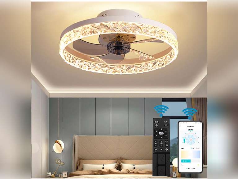 BESKETIE 20" Ceiling Fan with Lights, Modern Low Profile Ceiling Fan Light with Remote Control, Dimmable 3 Color 6 Wind Speeds Timing LED Fan Lamp Indoor for Bedroom, Living Room, Kids Room - White 100