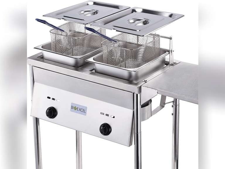 Bioexcel SS22 Two-Tank Outdoor Deep Fryer-Adjustable Temperature Regulator-Propane Deep Fryer with two Stainless Steel Baskets & Lids 319.99