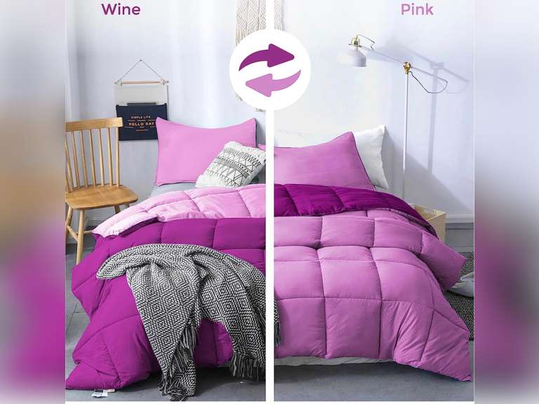 Twin Size Down Alternative Comforter - Quilted Microfiber Duvet Insert with Built in Corners for Boys & Girls | Lightweight Reversible Soft, Fluffy Comforter for College Dorm Rooms (Wine/Pink) 48