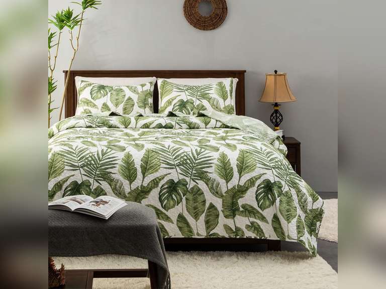 HORIMOTE HOME Tropical Plants Quilt Set Queen Size 3 Pieces, Green Palm Leaves Rainforest Style Fine Printed Reversible Bedspreads Bedding Sets, Soft and Lightweight Bed Coverlet for All Season Green Full/Queen 39.99