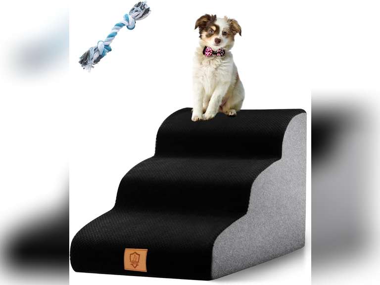 TNELTUEB High Density Foam Dog Stairs 3 Tiers, Extra Wide Deep Dog Steps, Non-Slip Dog Ramp, Soft Foam Pet Steps, Best for Dogs Injured,Older Cats,Pets with Joint Pain, with 1 Dog Rope Toy (Black) Black-3 Tiers 45.98