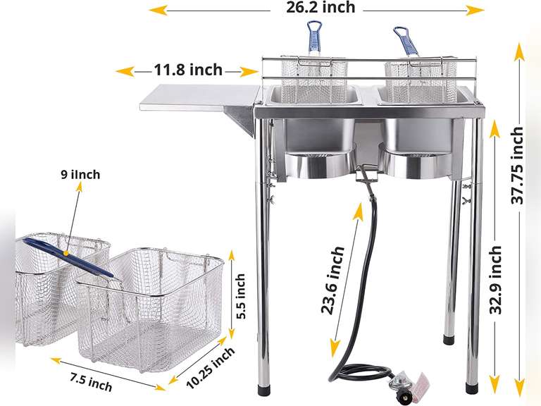 Bioexcel SS22 Two-Tank Outdoor Deep Fryer-Adjustable Temperature Regulator-Propane Deep Fryer with two Stainless Steel Baskets & Lids 319.99