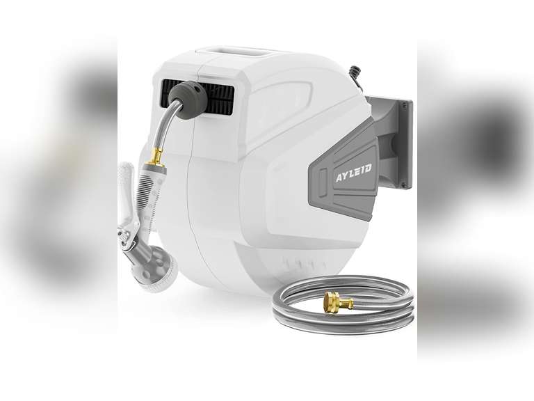 Ayleid Retractable Garden Hose Reel,1/2 in x 65 ft Wall Mounted Hose Reel, with 9- Function Sprayer Nozzle, Any Length Lock/Slow Return System/Wall Mounted/180°Swivel Bracket (Grey) 125