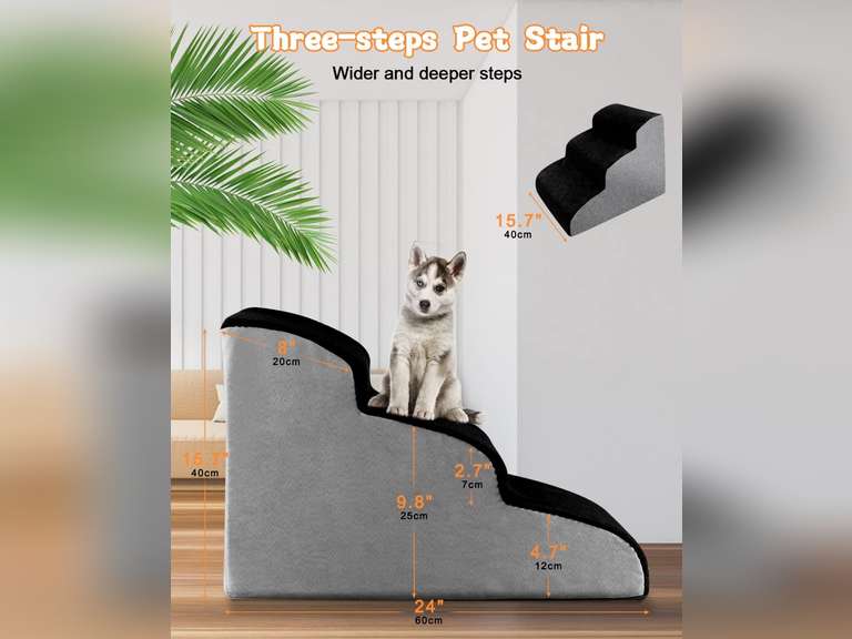 TNELTUEB High Density Foam Dog Stairs 3 Tiers, Extra Wide Deep Dog Steps, Non-Slip Dog Ramp, Soft Foam Pet Steps, Best for Dogs Injured,Older Cats,Pets with Joint Pain, with 1 Dog Rope Toy (Black) Black-3 Tiers 45.98