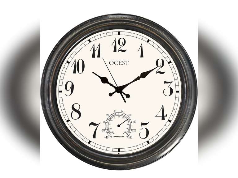 OCEST 16 Inch Retro Outdoor Wall Clock with Thermometer, Battery Operated Waterproof Indoor/Outdoor Clock for Bathroom/Kitchen/Bedroom, Non-Ticking Decorative Clock 45
