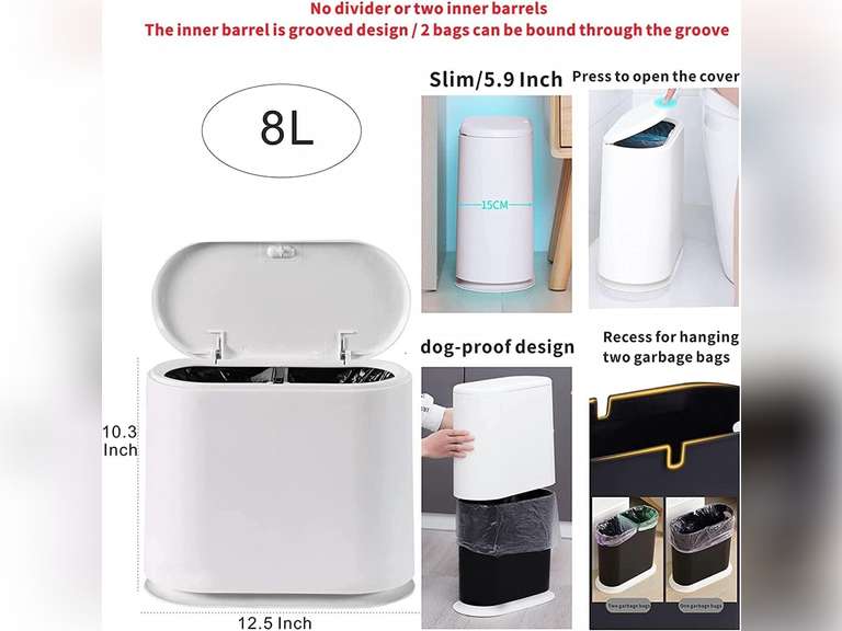Cq acrylic 8L Slim Bathroom Trash Can Plastic 2.1 Garbage Can with Press Top Lid,Dog Proof Wastebasket Trash Can for Bedroom,Kitchen,Office,Living Room White 8L White 19.99