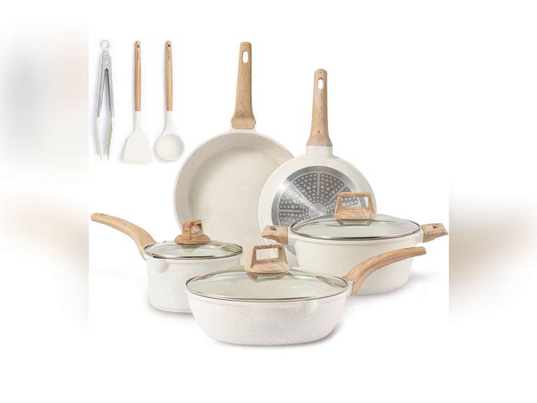 CAROTE Pots and Pans Set Nonstick, White Granite Induction Kitchen Cookware Sets, 11 Pcs Non Stick Cooking Set w/Frying Pans & Saucepans(PFOS, PFOA Free) 90