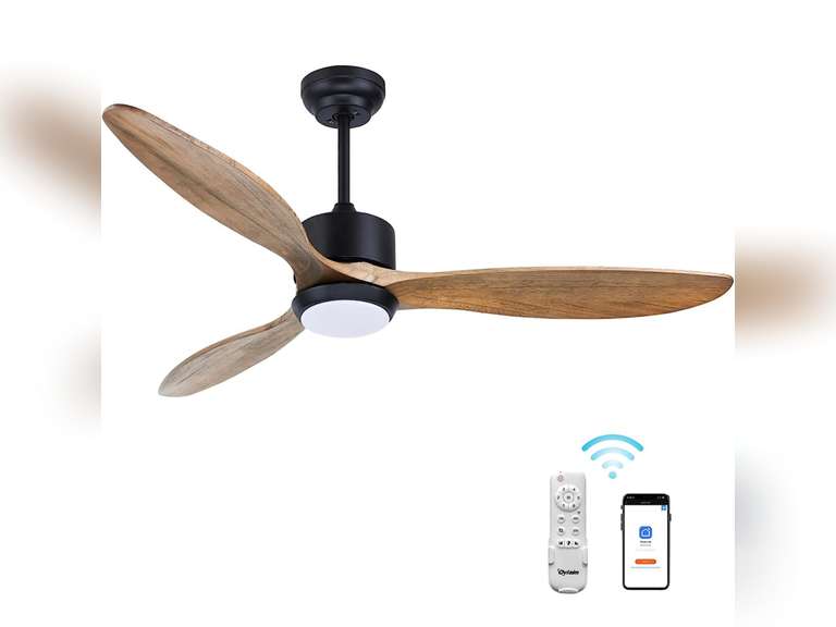 Ovlaim 52 Inch Indoor Outdoor , ETL Listed Quiet DC Motor Solid Wood Ceiling Fans with Lights Remote Control, 3 Blade Propeller Smart Ceiling Fan for Bedroom Living Room 220