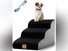 TNELTUEB High Density Foam Dog Stairs 3 Tiers, Extra Wide Deep Dog Steps, Non-Slip Dog Ramp, Soft Foam Pet Steps, Best for Dogs Injured,Older Cats,Pets with Joint Pain, with 1 Dog Rope Toy (Black) Black-3 Tiers 45.98