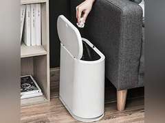 Cq acrylic 8L Slim Bathroom Trash Can Plastic 2.1 Garbage Can with Press Top Lid,Dog Proof Wastebasket Trash Can for Bedroom,Kitchen,Office,Living Room White 8L White 19.99