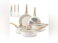 CAROTE Pots and Pans Set Nonstick, White Granite Induction Kitchen Cookware Sets, 11 Pcs Non Stick Cooking Set w/Frying Pans & Saucepans(PFOS, PFOA Free) 90