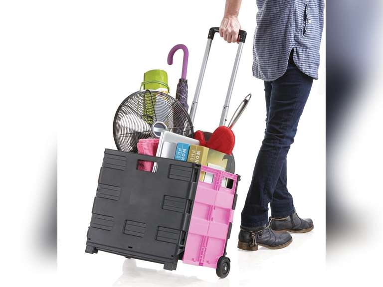 Inspired Living Ultra-Slim Rolling Collapsible Storage Pack-N-Roll Utility-carts, with Telescopic Handle, for Home, Garden, Shopping, Office, School use, Medium, Pink & Black 40