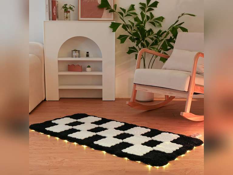 Area Rugs with Remote Controllable Led Lights Bedrooom Rugs Modern Design Checkerboard 3D Tufted Livng Room Rugs Fluffy Non-Shedding Rubber Backing Carpets Floor Mat Kids Pets Play Aera 20