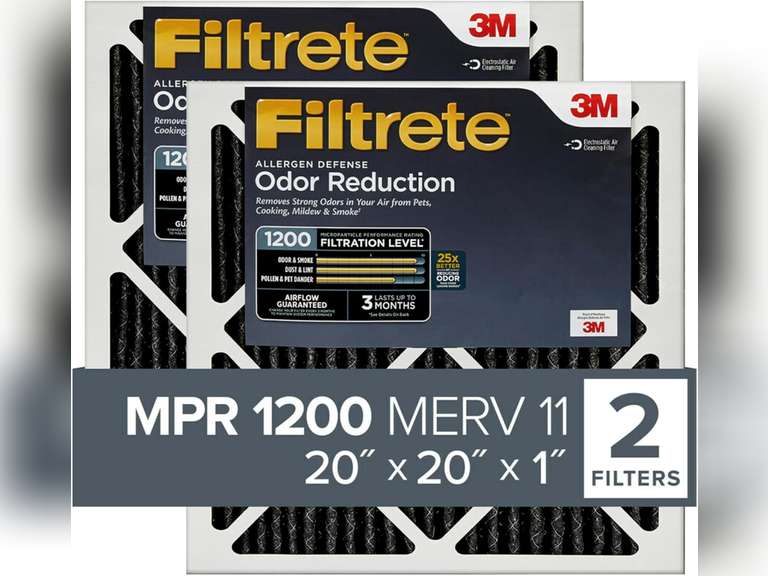Filtrete 20x20x1 Air Filter, MPR 1200, MERV 11, Allergen Defense Odor Reduction 3-Month Pleated 1-Inch Air Filters, 2 Filters 37