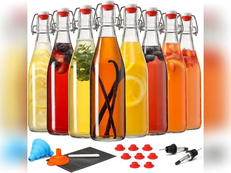 8 Set, 16 OZ Swing Top Glass Bottles - Flip Top Beer Brewing Bottles with Stopper for 2nd Fermentation, Kombucha, Mead Kefir, Vanilla Extract, Juice, Tea, Wine - Airtight Cap Lids, Bonus 2 Pourers 27