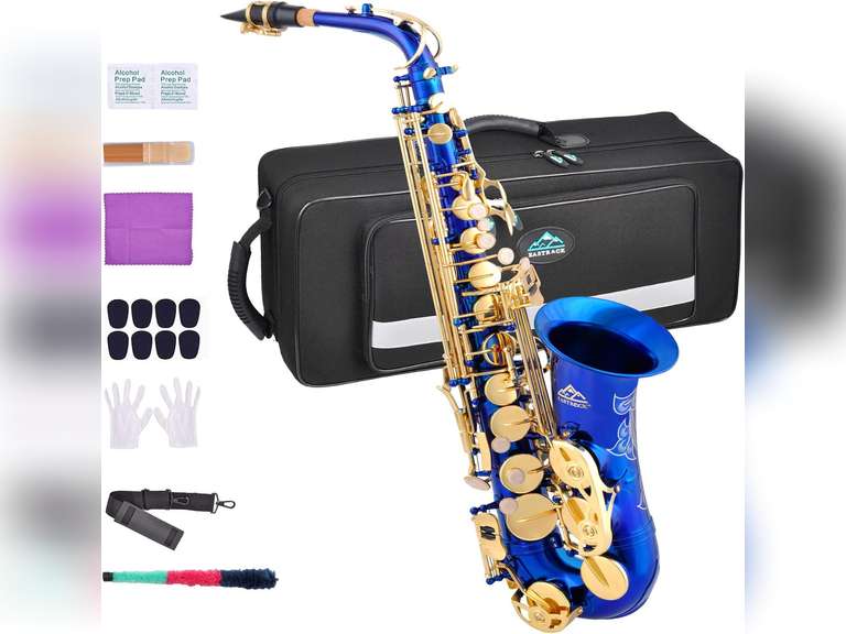 EASTROCK Dark Blue/Golden Alto Saxophone E Flat Sax Full Kit for Students Beginner with Carrying Case,Mouthpiece,Mouthpiece Cushion Pads,Cleaning Cloth&Cleaning Rod,White Gloves,Neck Strap 300